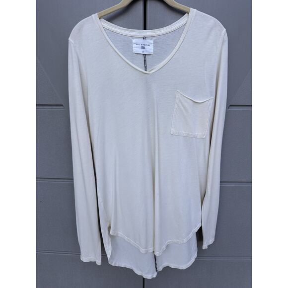 Sol Angeles Ivory V-neck Long Sleeved Tencel T-shirt Sz M Oversized Basic Layer - Picture 1 of 9